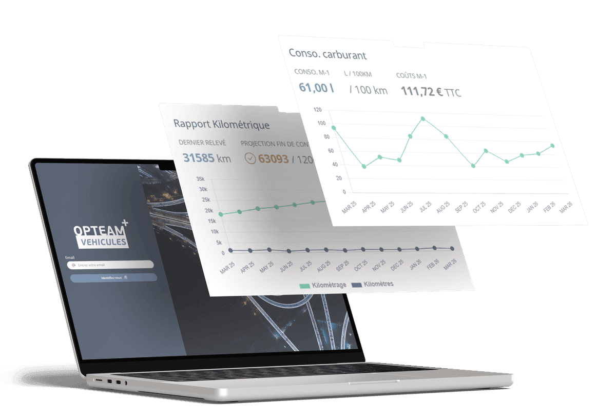 Rapport kilométrique et suivi de consommation affichés sur la plateforme OPTEAM+ VÉHICULES