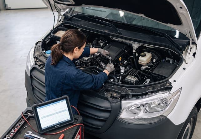 Technicienne intervenant sur le moteur d'un véhicule utilitaire